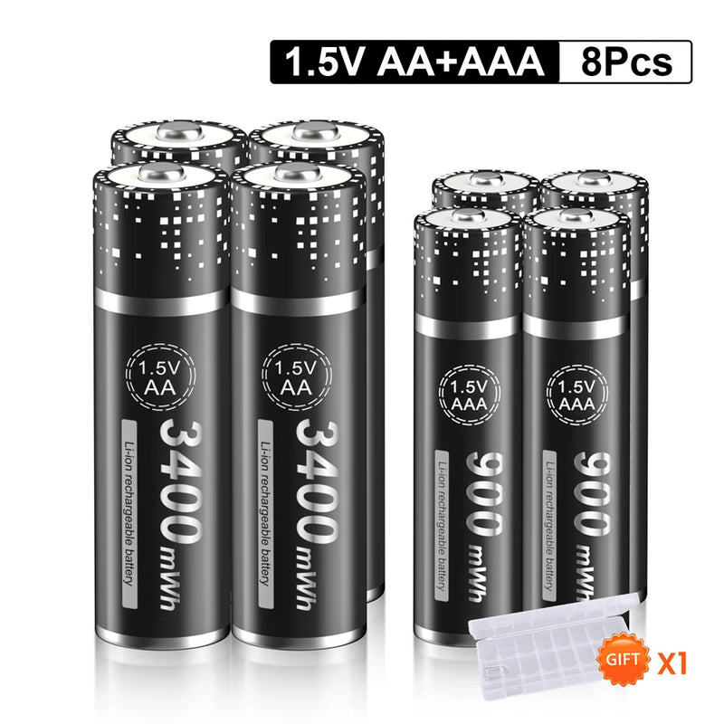PALO 3400mWh Li-ion 1.5V AA and AAA Rechargeable Batteries with 8-channel magnetic flip charger for 1.5V 2A 3A Lithium Batteries