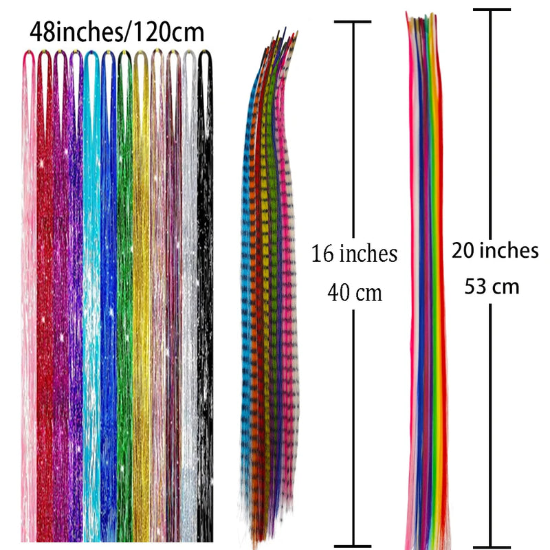 48Pcs Women's Colorful Synthetic Hair Extensions Set 38 Colors Tinsel Wig 26 Colors Feather Extensions Tool Kit for Hairdressing