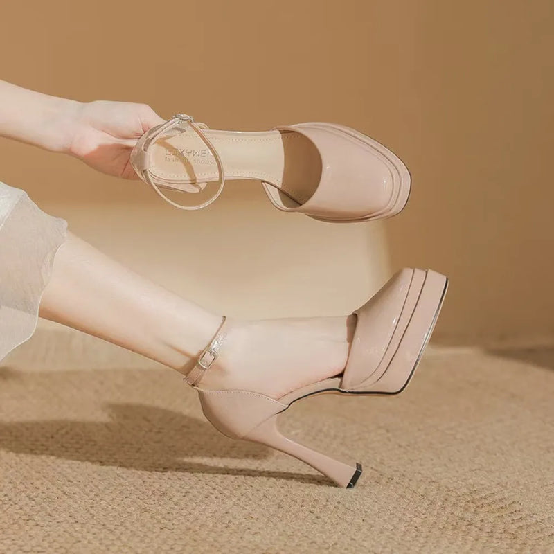 Women's Super High Heels Pointed Tip Thick Heel Ankle Strap Platform Heels Side Cutout Sexy Wedding Banquet Sandals