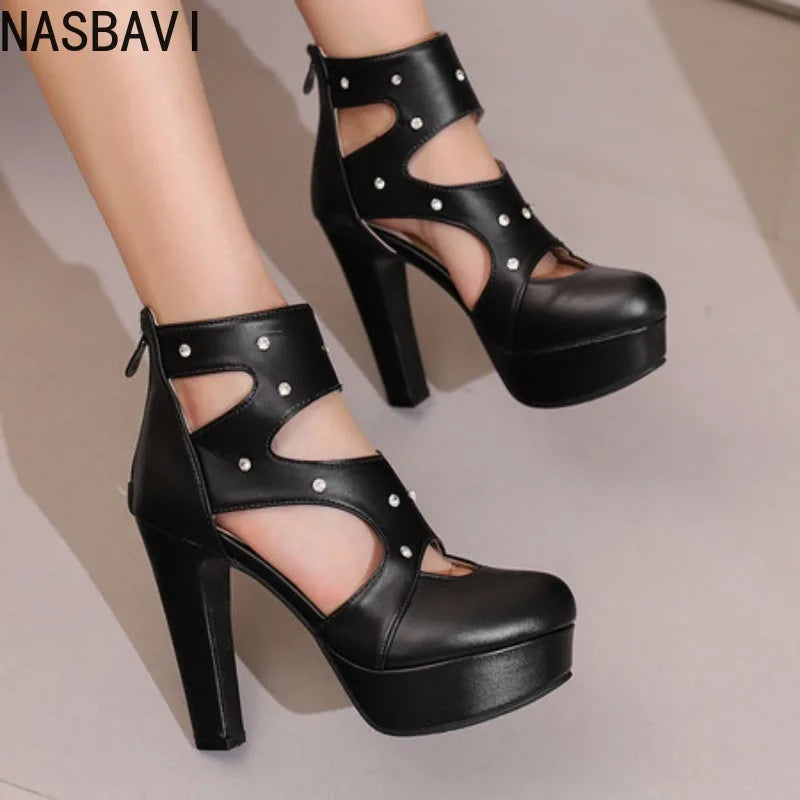 NASBAVI Summer Fashion Women Sandals Round Toe Chunky Heels 12cm Platform 3.5cm Zipper Crystal Plus Size 48 49 50 Party Shoes