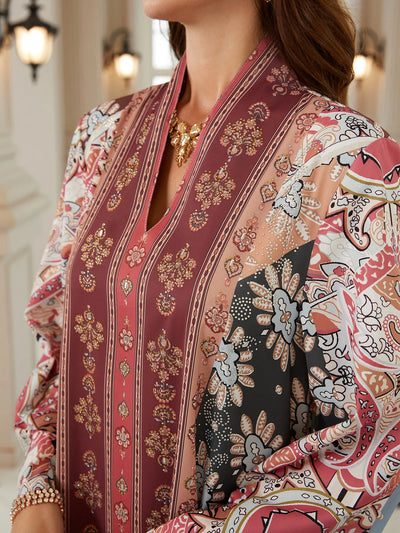 Ethnic V Neck Abaya Boho Floral Print Long Sleeve Loose | SAMAG