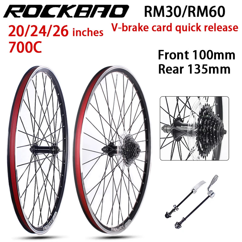 ROCKBAO 20 Inch Bike Wheelset 24 26 Inch Aluminum Alloy RM30/RM60 100/135mm 700C V Brake 7-10 Speed Bicycle Wheels