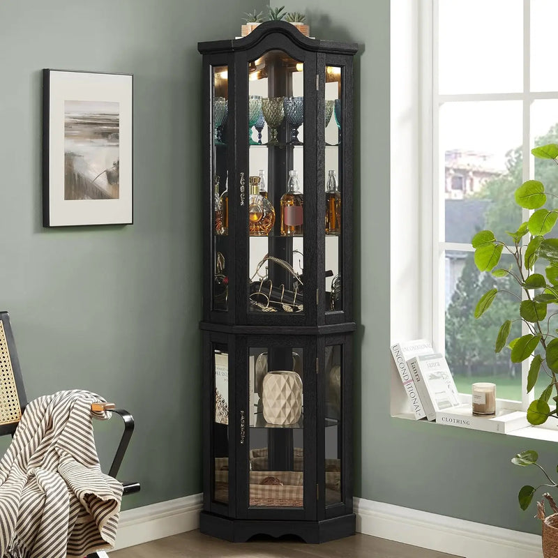 71.93''Tall Corner Display Cabinet with Lighted for Living Room,Corner Display Cabinet with Tempered Glass Doors &, Customized