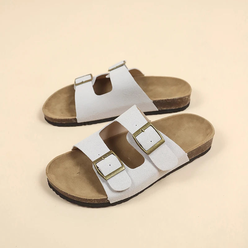 Women's Flat Outdoor Beach Casual Slippers Man Sliders Thick Sole Leather Cork Sole Sandals and Slippers