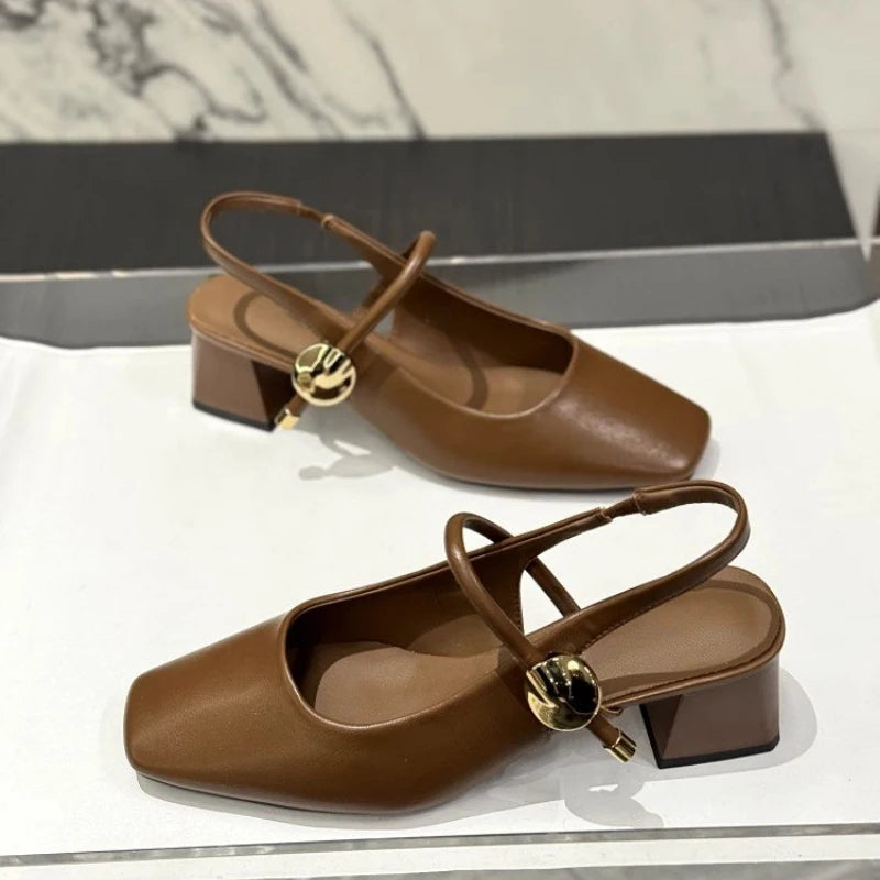 Women's Comfortable Block Heel Slingbacks, Adjustable Buckle Square Toe Casual Shoes, Versatile Spring Summer Heels for Women
