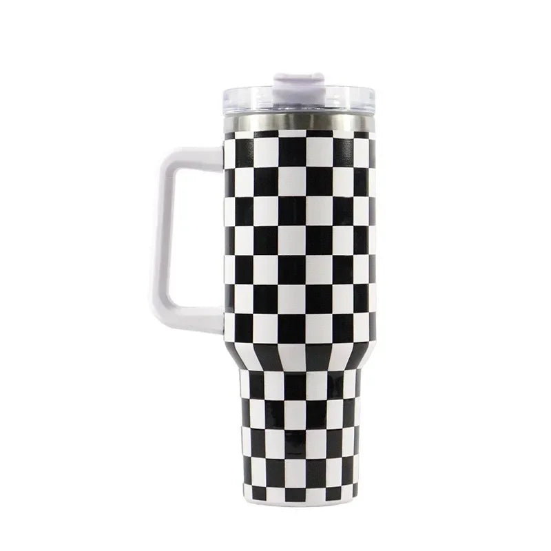 40Oz Stainless Steel Mug Coffee Cup Thermal Travel Car Auto Mugs Thermos Tumbler with Handle Chessboard  Chequer Fashion 1200ml