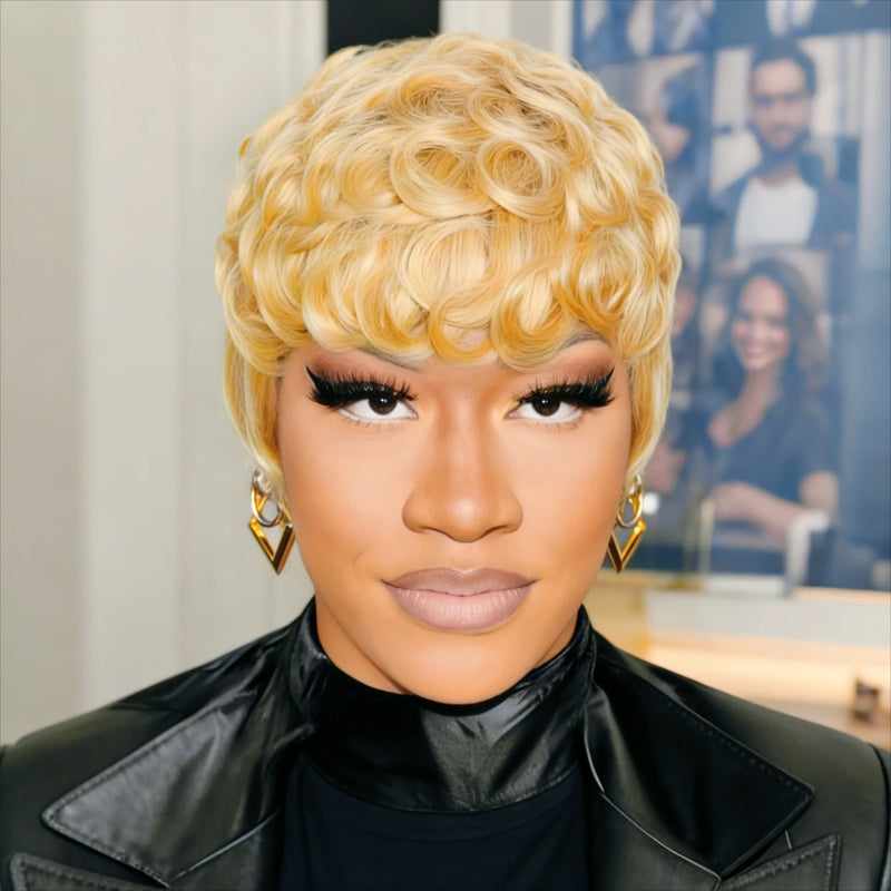 6 Inch Layered Cut Pixie Bob Wig,Natural Black 100% Brazilian Human Hair Straight Wig Full Machine Made for Women