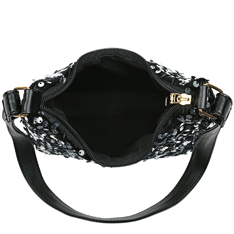 Fashion Women's Sequin Decorated Hobo Bag Black/Silver for Parties Daily Outings Stylish Compact Trendy Evening Bag