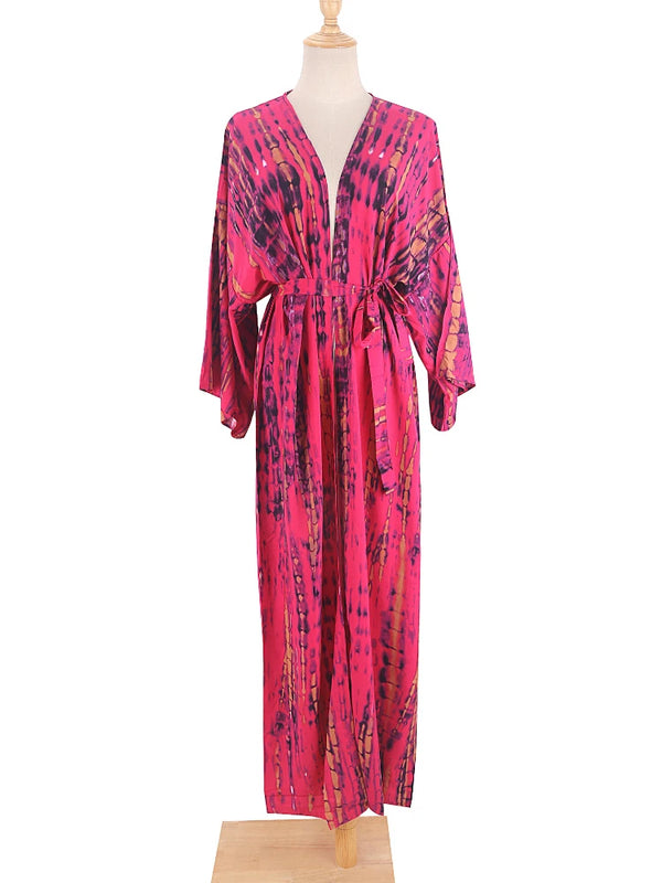 Bikini Cover Up Tie Dye Printed Swimsuit Cape Pareo Bohemian Beach Kimono Dresses Self Belted Bathing Suits Dropshipping