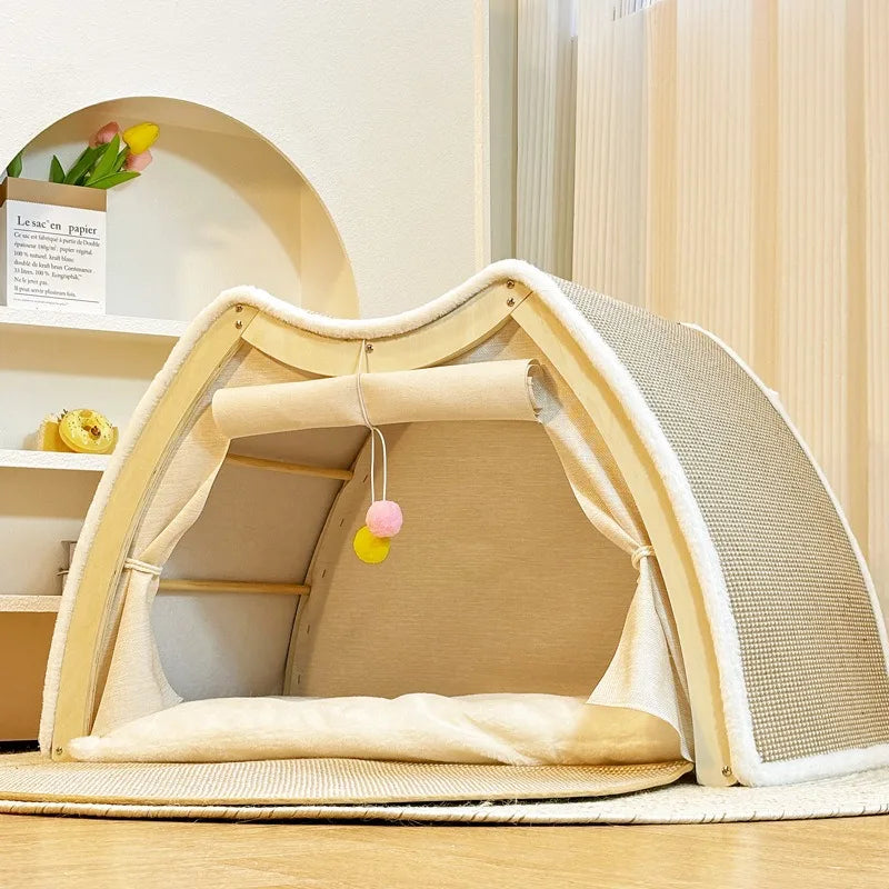 Warmth Enclosed Wooden  Scratching Board Large Villa Style  House for All Seasons Indoor Pet Shelter  Tent Dog Bed