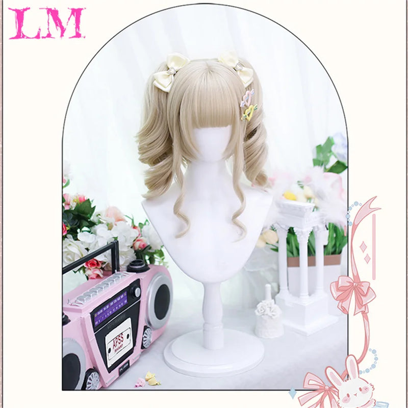 LM Medium Length Pink Cosplay Wig Heat Resistant Costume Party Synthetic Wigs 2 Clip On Ponytail 7 Colors
