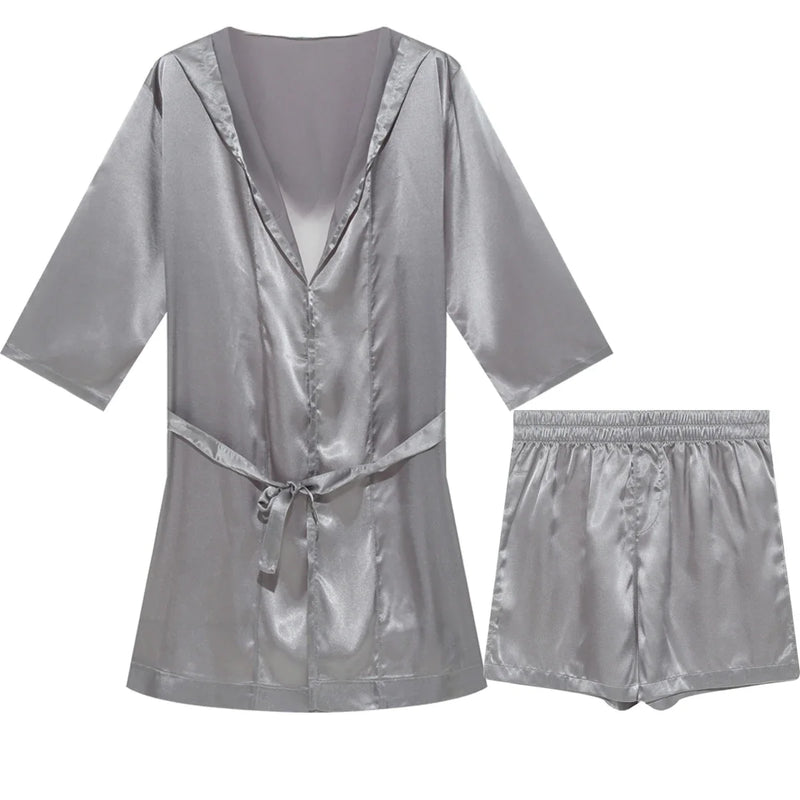 Mens Hooded Bathrobe Shorts Set Pajamas Night Robe Dress Gown Male Silk Satin Nightgown Kimono Bathrobe Sleepwear House Robe Men