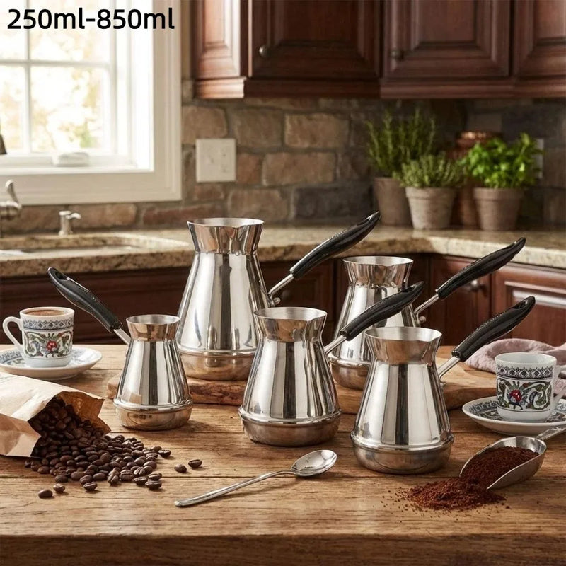 Traditional Turkish Coffee Pot 250-850ml Long Handle Turkish Coffee Maker Insulated Stainless Steel Outdoor Teapot Water Cup