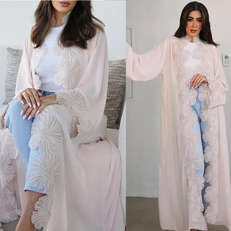 Eid Flower Women's Long Abaya Dubai Cardigan Dress | SAMAG