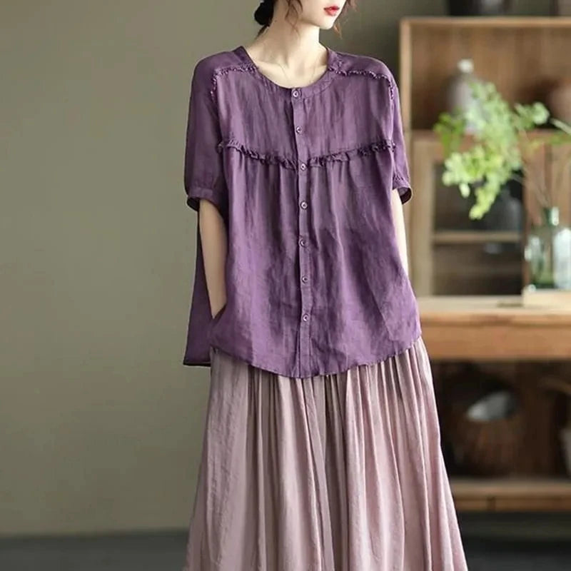 Loose Fit Cotton Linen ort Sve irt Women's Summer Doll irt Single Tail Cargo No Tagging Required round Ne Button up