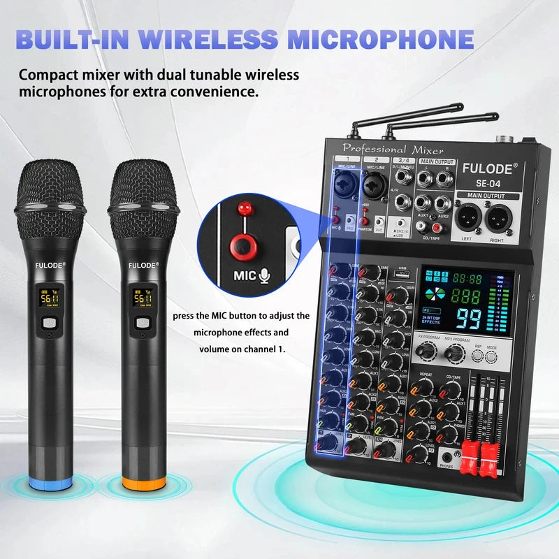 Fuluode SE-04 Professional 4 Channel Audio Mixer with UHF Wireless Microphone Sound Mixing Console USB Bluetooth Karaoke System
