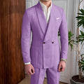Men's Linen Suit 2-Piece Khaki Shawl Collar Double-Breasted Slim Fit Breathable Jacket and Pants Formal Set for Summer Business