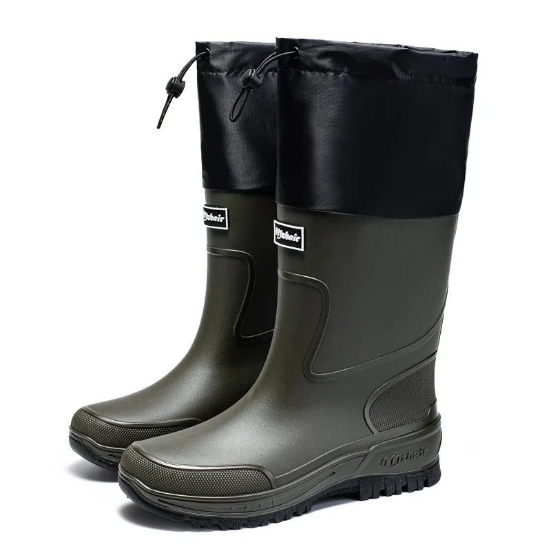 Men's Waterproof Fishing Delivery Rider Rain Boots with Durable Thick Soles, Anti-Slip Rubber Shoes