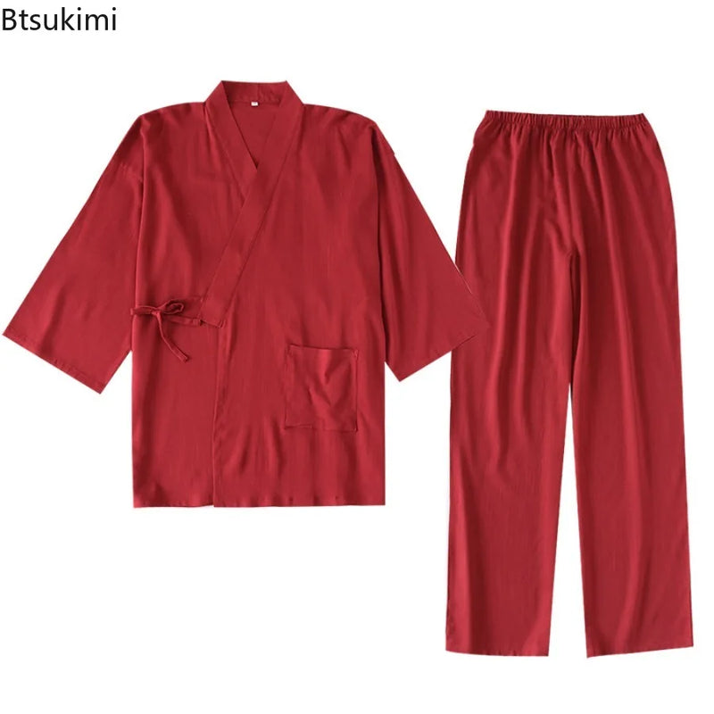 2026 Men's Japanese Kimono Robes Sets Cotton Linen Pajamas Two-piece Set Couple Loose Bathrobes Sweat Steaming Home Service Suit