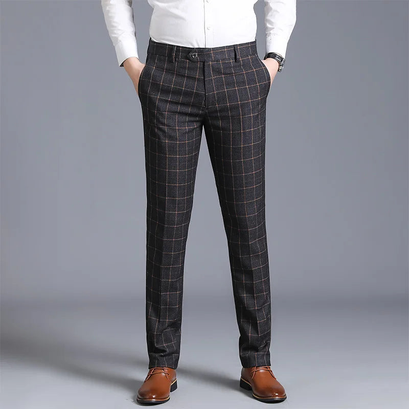 2026 Men's Blue Vertical Striped Suit Pants, Black Business Casual Trousers, Asian Sizes 28-40, Burgundy and Gray Plaid Pant.