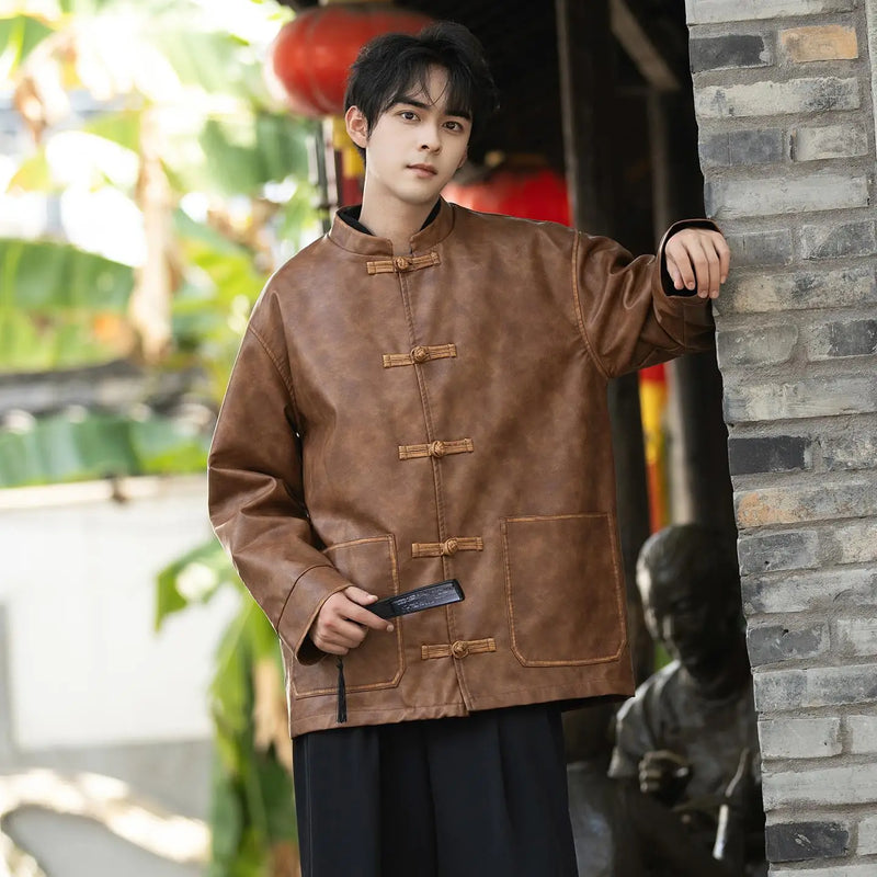 M-XXXXXL Plus Size Men PU Leather Vintage Frog Button Unique Design Hand Rubbed Finish Stand Collar Tang Suit Jacket