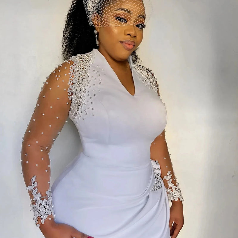 Luxury Pearl Decal Decoration Wedding Dress Long Sleeved | SAMAG