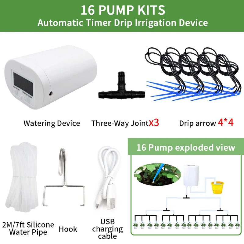 Automatic Plant Flower Watering Pump Home Sprinkler Drip Irrigation Device 2/4/8/16 Heads Pump Timer System Kit Garden Tool