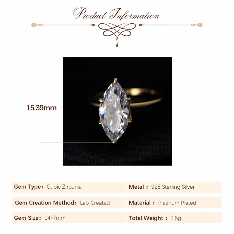 Potiy Vintage 9ct 5A Marquise Shape Cubic Zirconia Solitaire Engagement Ring For Women 925 Sterling Silver - Visuel 2 | SAMAG