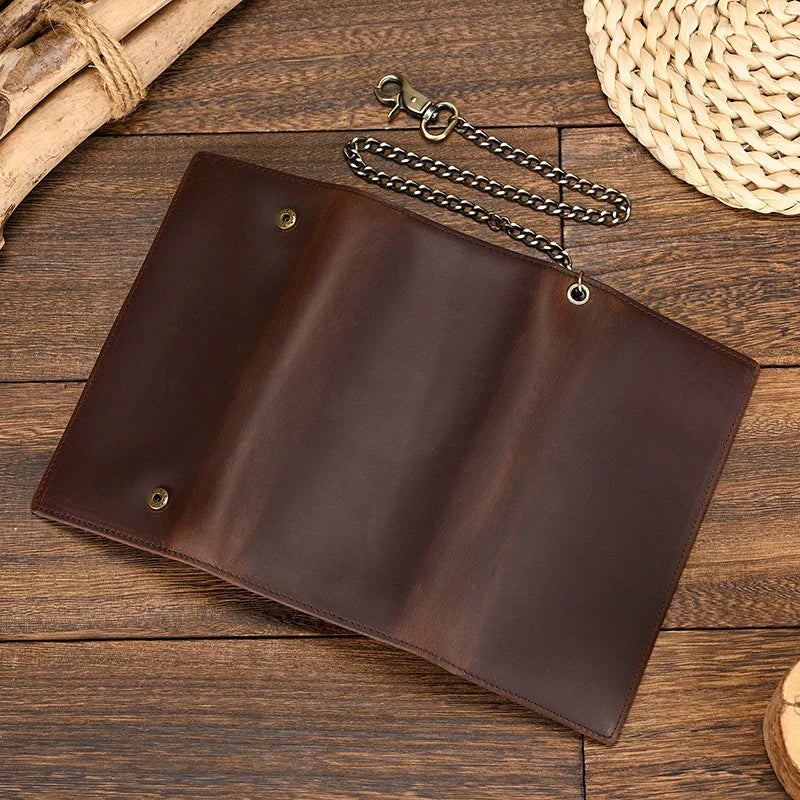 Men's Vintage Crazy Horse Leather Chain Wallet Genuine Leather Bifold Long Wallet Snap Card Holder Purse Zipper Coin Rfid Pocket