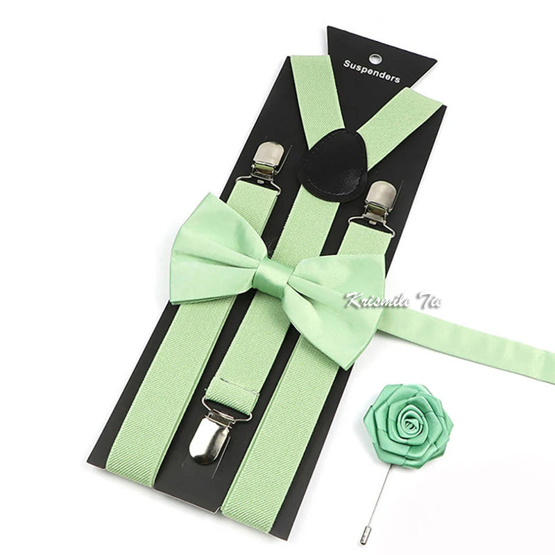 Novalty Sage Green Suspender Bowtie Set For Men Women Kids Romatic Wedding Party Elastic Y-back Straps Pants Shirt Accessory