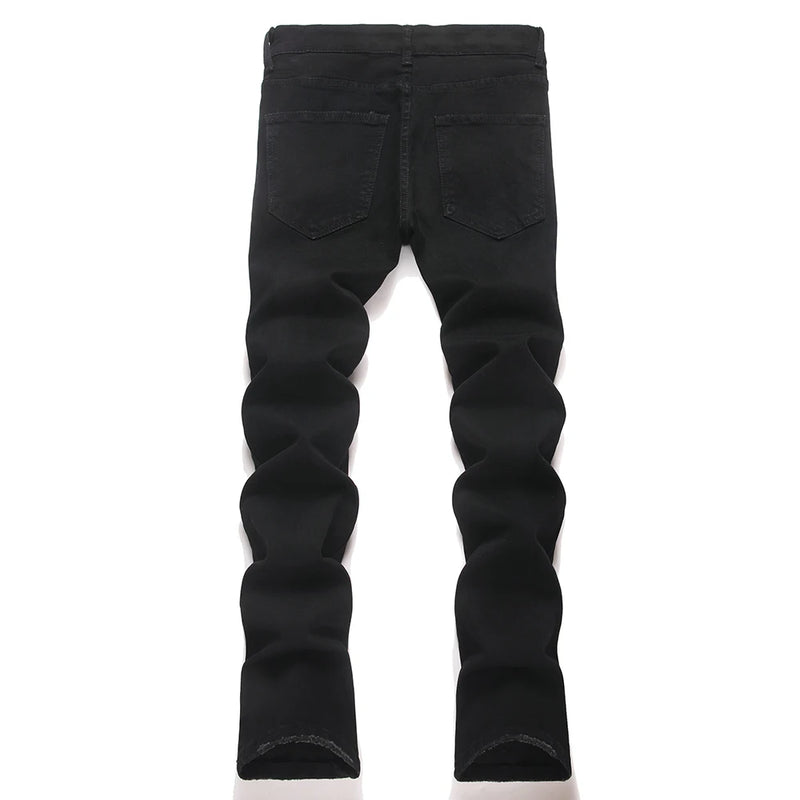 Men's Stars Patch Denim Jeans Streetwear Black Slim | SAMAG