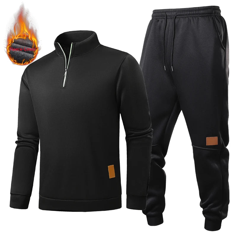 Men Winter Warm Fleece Lined Sweatsuit Half Zip Pullover Sweatshirt Elastic Waist Jogging Pants Casual Sports Suit