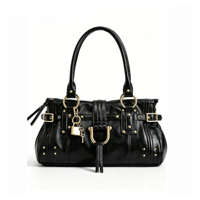 Vintage Rivet Large Capacity Commuter Tote Bag Underarm Shoulder Handbag Luxurious Studded Buckle Design Street Style Hobo Purse