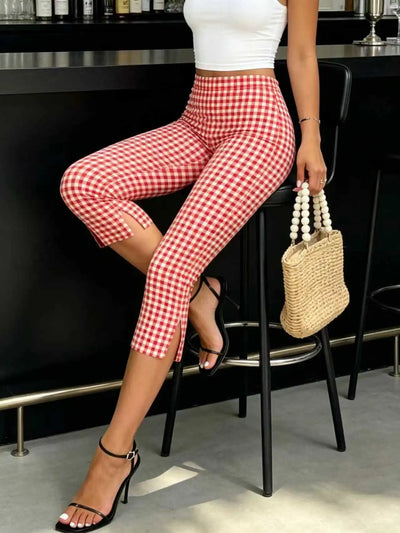 New Red And White Checkered Casual Tight - fitting Capri | SAMAG
