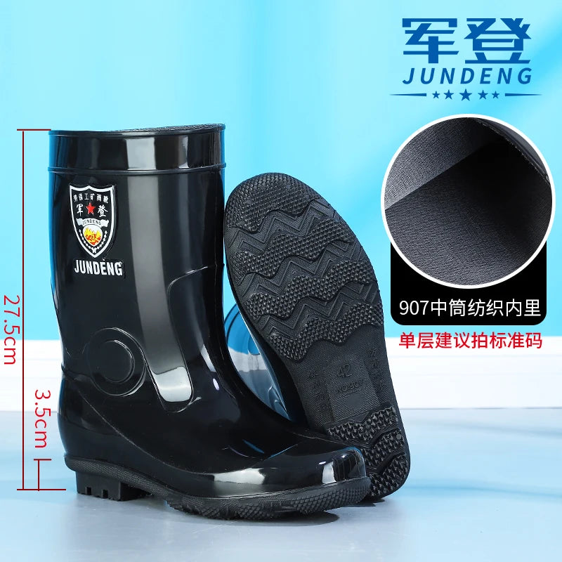 Large Size Men's Rain Boots High Tub Waterproof Anti-slip Work Site Rubber Shoes Fleece Lined Durable Plastic Outsole