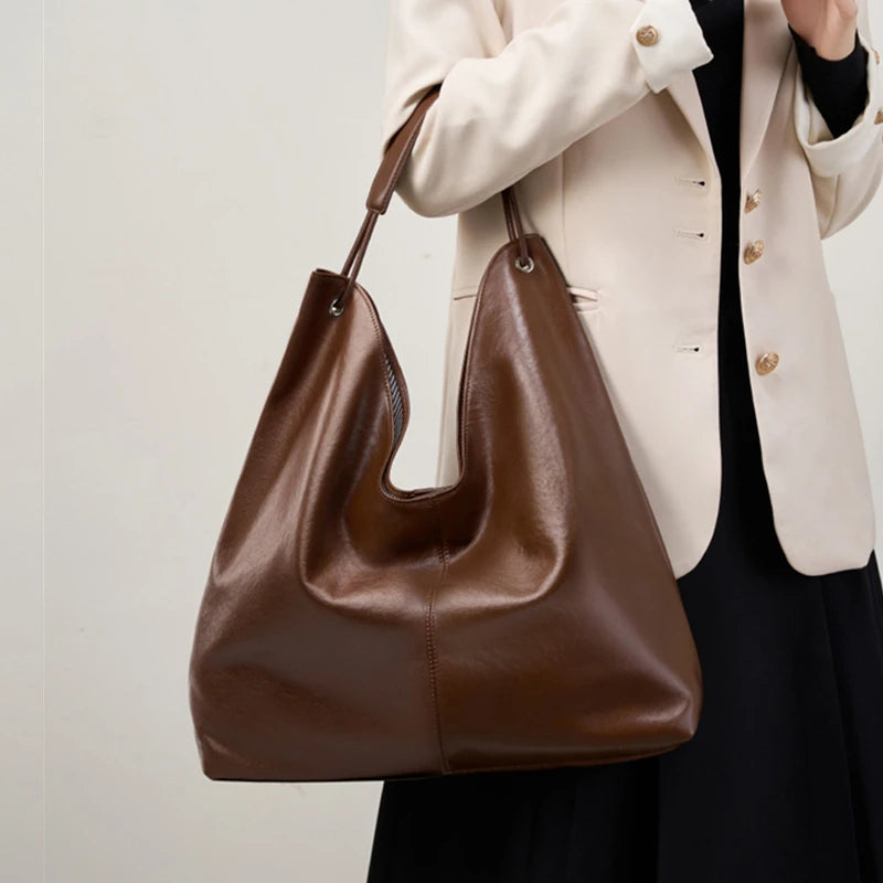 BURMINSA Luxury Genuine Leather Handbags Large Slouchy Hobo Shoulder Bags For Women Cowhide Shopping Tote Business Work Purses