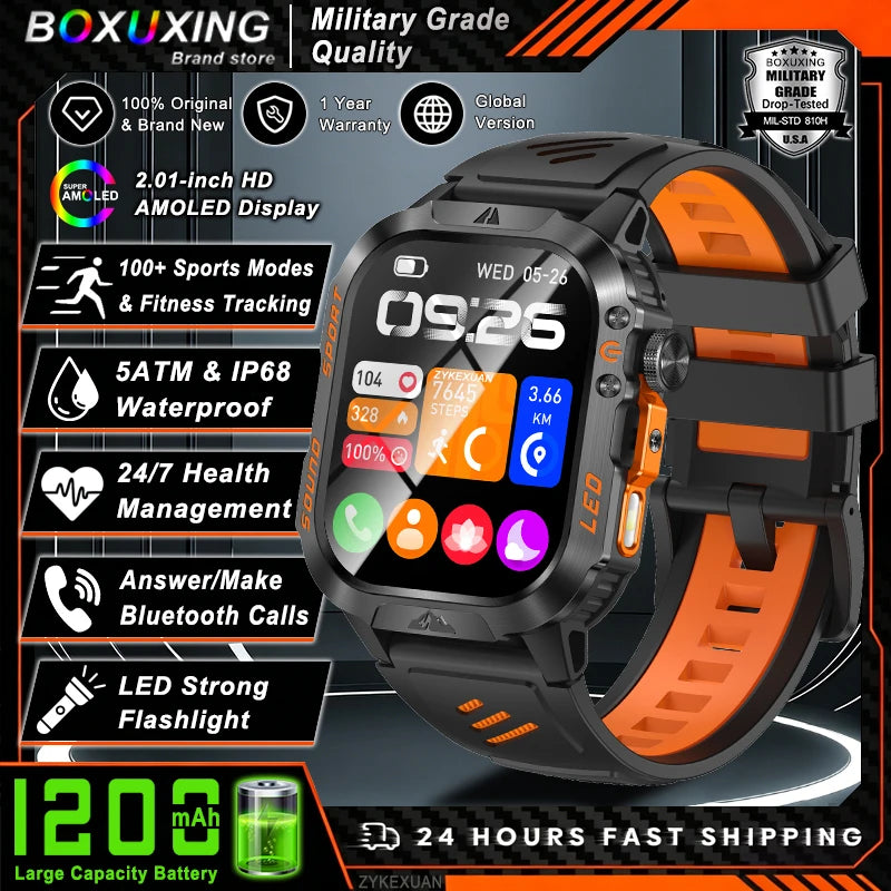 2026 New 1200 mAh Battery Military Smartwatch Men 5ATM Waterproof Fitness Tracker Health Heart Rate Smart Watch For iOS Android