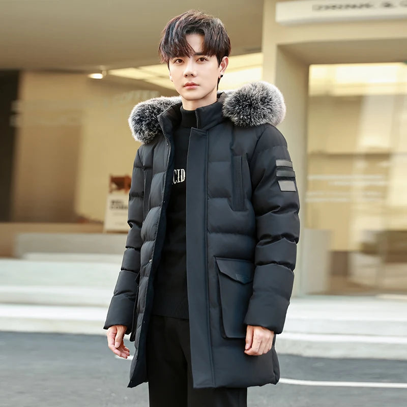 Men's Outdoor High-quality Windproof Breathable Thick Padded Down Winter Thick Windproof Warm with Hat Long Cotton Goose Down