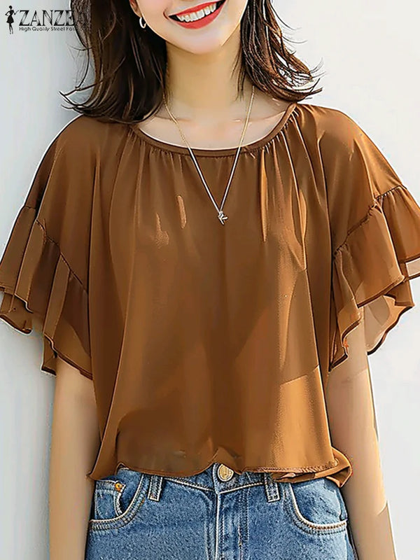 ZANZEA Summer Women Chiffon Blouse Elegant Ruffle Short - View 21 | SAMAG