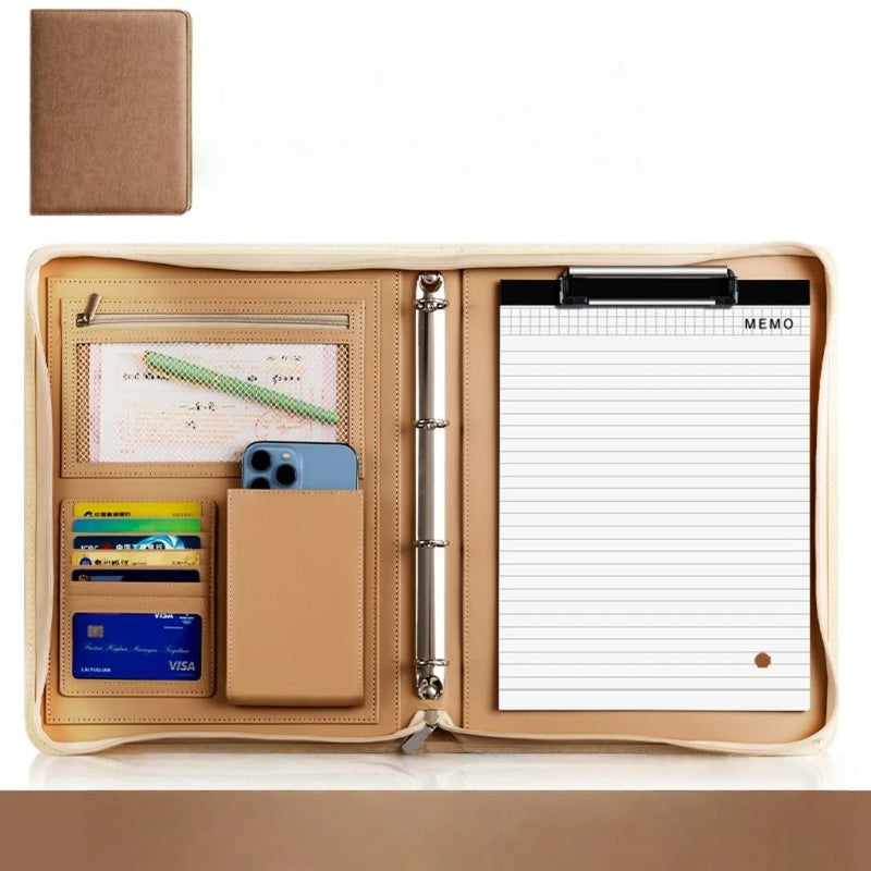 New A4 multi-function business zipper bag, 4-ring binder + writing pad + storage bag, pleated texture PU  leather cover