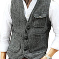 Men Vest Brown Herringbone Wool Tweed V Neck Single Breasted Retro Tooling Vest Male Gentleman Business Waistcoat For Wedding