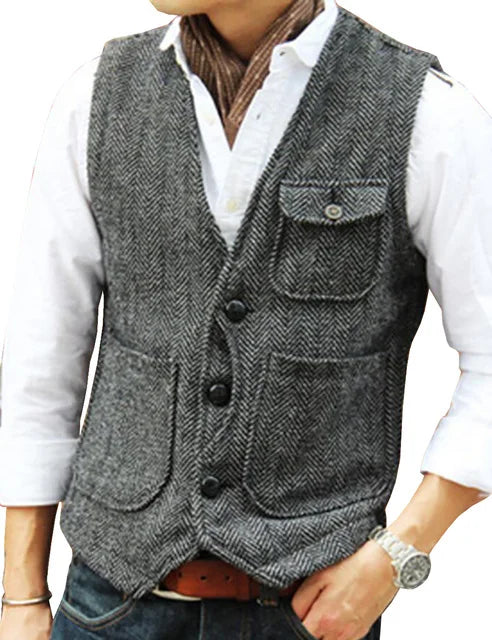 Men Vest Brown Herringbone Wool Tweed V Neck Single Breasted Retro Tooling Vest Male Gentleman Business Waistcoat For Wedding