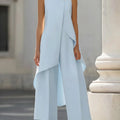 Sleeveless High Neck Jumpsuit With Asymmetric Draped Overlay Wide Leg Culottes Elegant Formal Evening Wear For Women