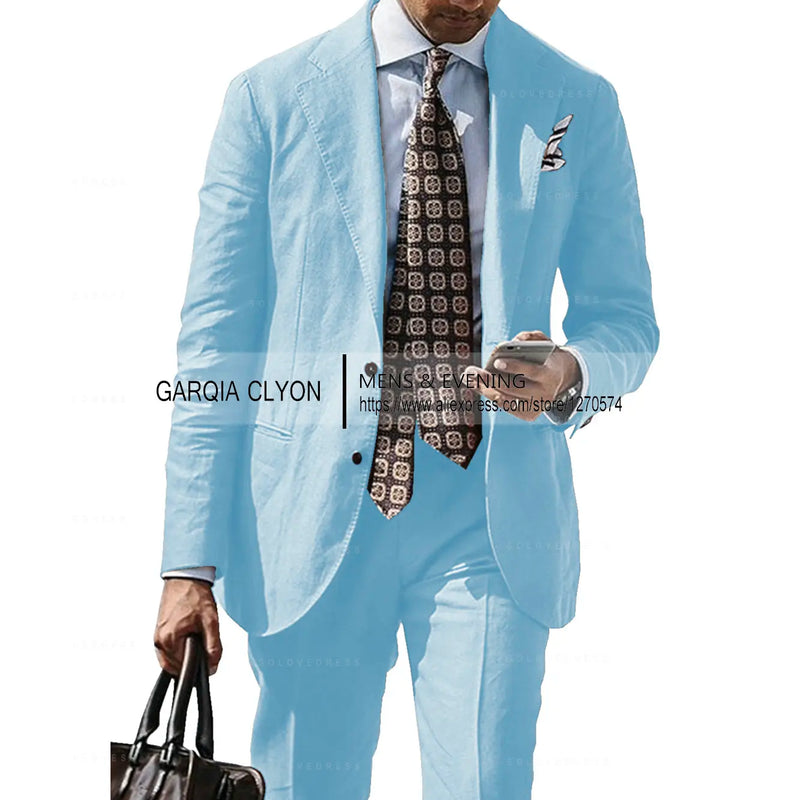 2025 New Casual Men's Suit Jacket Summer Spring Blazer Two Bottom Breathable Cotton Linen Coat 2 Pieces( Jacket+Pants )