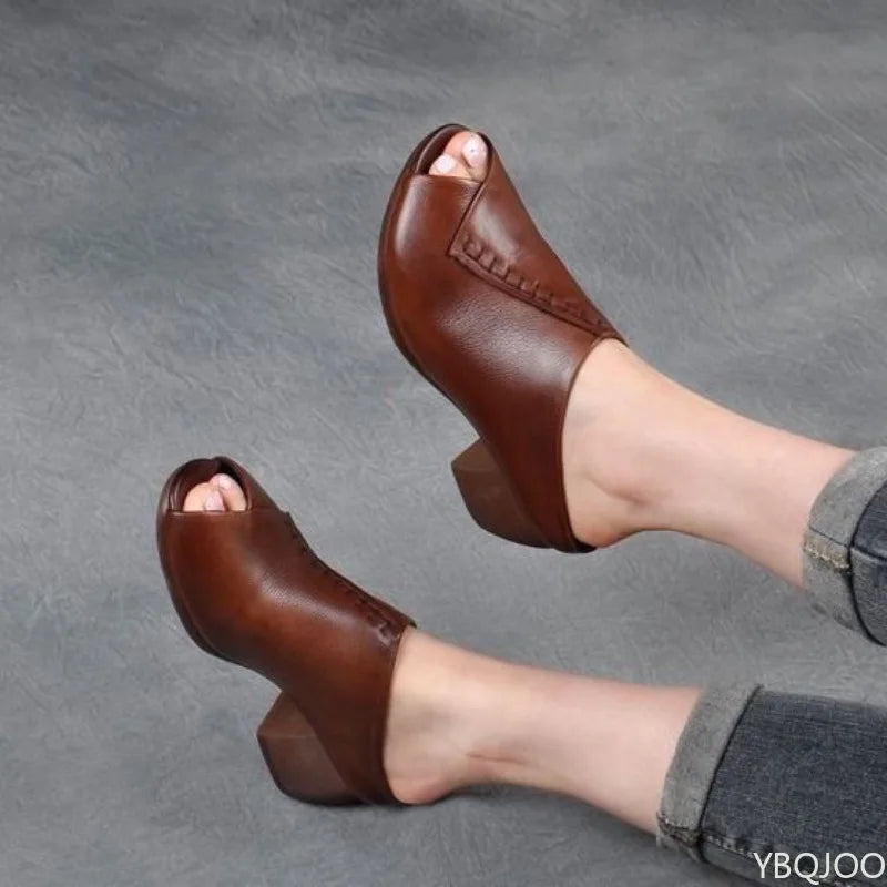 Summer square heel fish mouth slippers for women fashionable versatile height increasing comfortable mid heel women's sandals