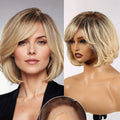 Blonde Brown Short Remy Human Hair HD Lace Front Wigs with Dark Roots Bob Natural Layered Lace Frontal Wig with Bangs for Women