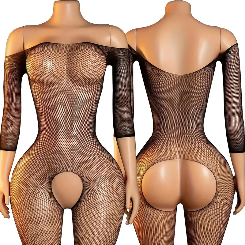 Sexy Crotchless Lingerie For Women Fishnet Teddy Bra Set Erotic Costumes Stretch Mesh Hollow Bodystockings Female Underwear Sets