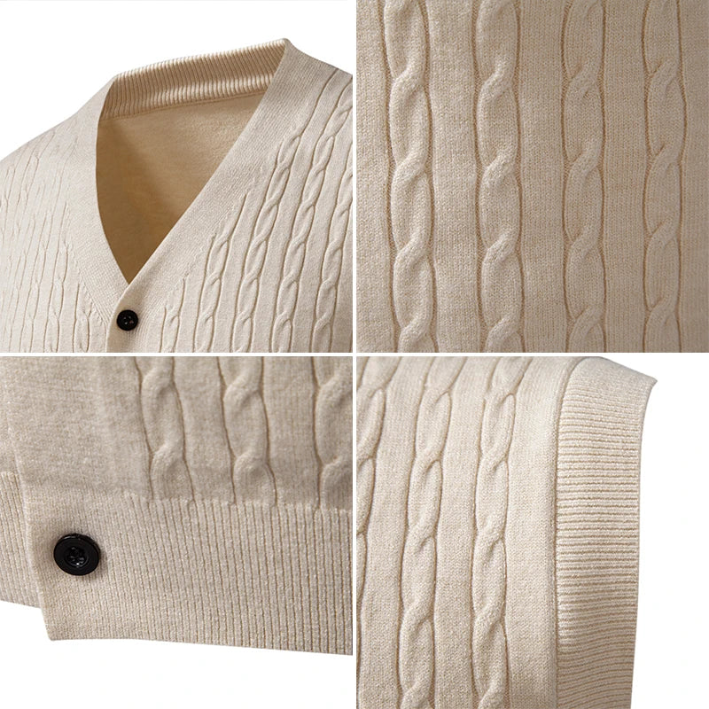 Beige Men's Sleeveless Knit Vest; Pullover Vests for Fall and Winter, Available in Yellow, Gray, Khaki, and Blue.