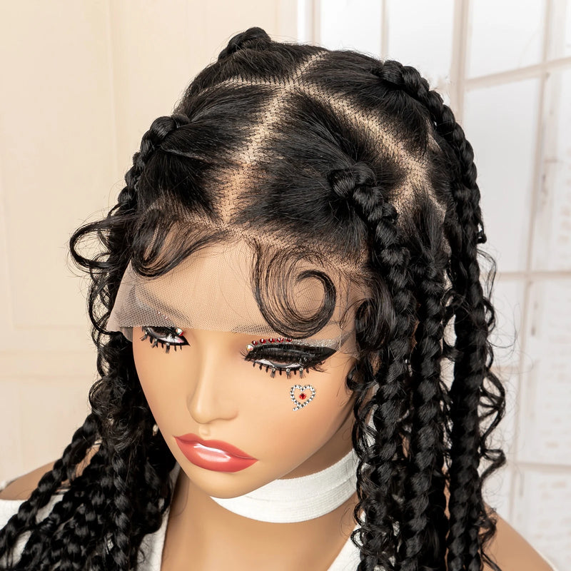 Synthetic Full Lace Goddess Braided Wigs with Curly Square Knotless Box Braiding Wig for Black Women 18 Inches Lace Frontal Wigs