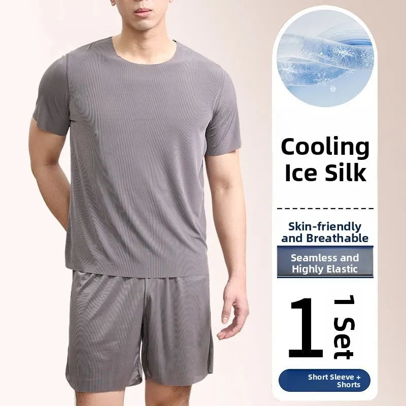 Ice Silk Sleepwear Set round Neck Short Sleeve Casual Lightweight Men's Home Clothes Comfortable Underwear for Youth in Summer